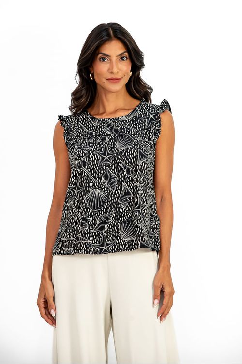 Blusa estampada preta com detalhes geométricos, vista frontal.