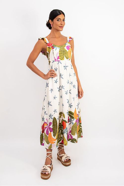 Vestido longo estampado com alças reguláveis e decote em V, visto de frente.