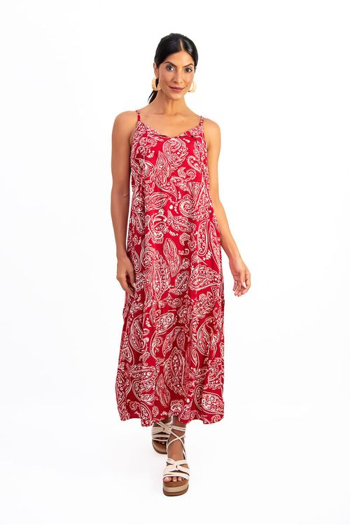 Vestido-midi-estampado-com-alcas-regulaveis-e-decote-em-V-aberto-exibido-em-vista-frontal.