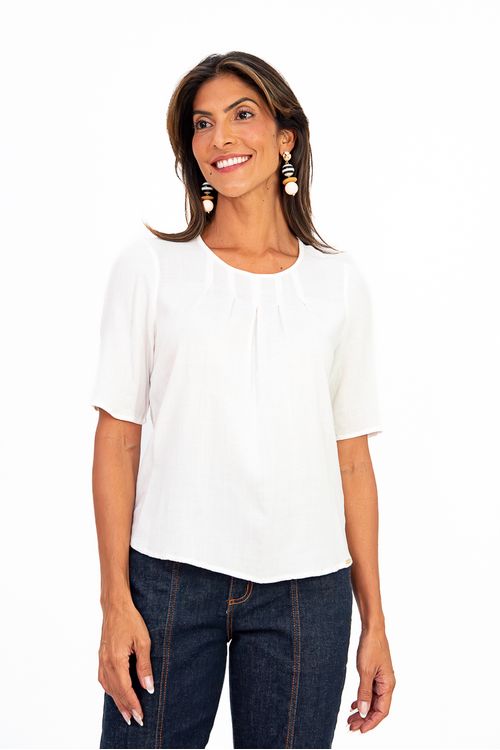 BLUSA-DE-TECIDO-PLANOVISCOSE-SLUB-STRETCH.DECOTE-U-COM-PREGAS-MEIA-MANGA-FRANZIDA-E-GOTA-NAS-COSTAS.