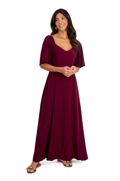 Vestido-midi-vinho-com-decote-em-V-e-mangas-gode-exibido-em-vista-frontal.