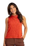 Blusa sem mangas com gola alta dobrada em tecido tweed galatic, vista frontal.