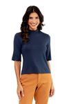 Blusa meia manga glamour marinho com gola alta, vista frontal.