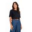 Blusa preta malha viscose decote U e bainha larga vista meia-corpo da modelo; meia manga e caimento fluido em look com calça jeans.