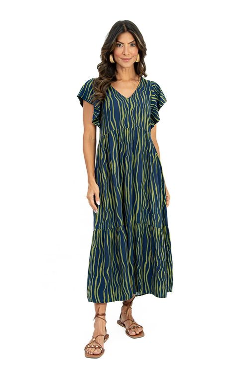 Vestido midi frente completo em viscose heavy com estampa respiro em marinho e verde, decote em V, mangas godê e saia com duas marias - vista frontal.