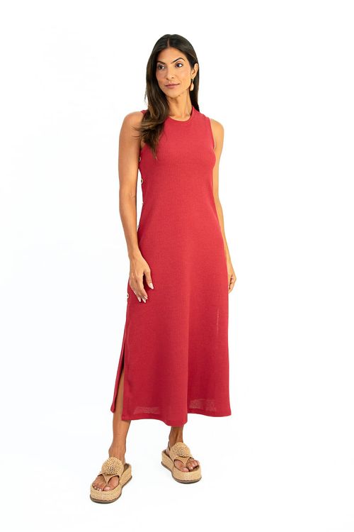 Vestido midi canelado cereja vista traseira mostrando caimento e barra reta em malha Heritage