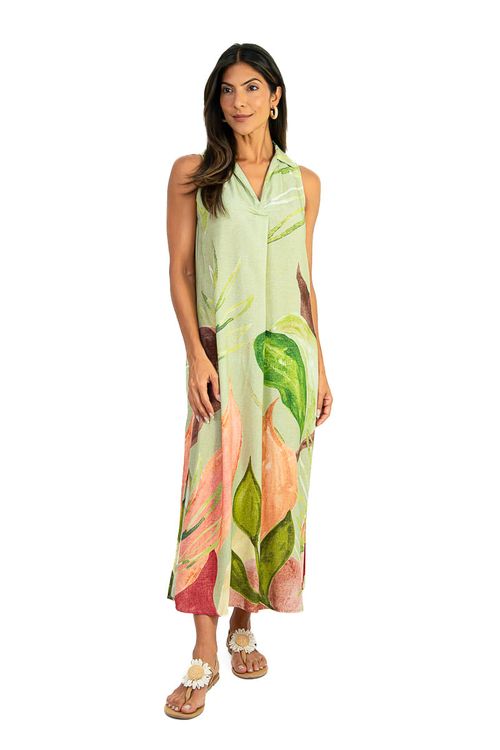 Vestido-Poesia-midi-em-viscose-verde-claro---vista-frontal-inteira-com-estampa-barrada-de-folhagens-e-flores-pessego-decote-V-com-gola-e-caimento-fluido