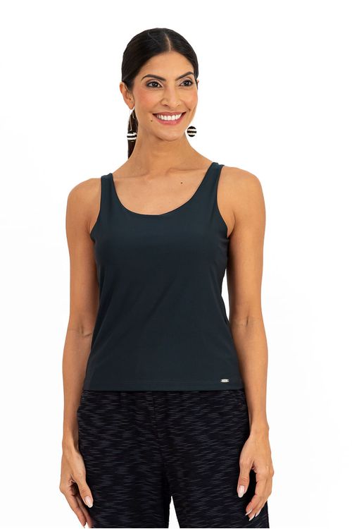 Double-strap black tank top in lightweight polyamide - front view showing square neckline and regular fit