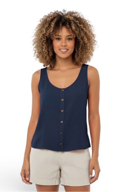 Regata feminina azul-marinho sem mangas, com decote U e detalhes de botões decorativos.