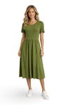 Vestido-Lara-verde-midi-em-viscose-Visup-Light---vista-frontal-com-decote-em-V-meia-manga-cintura-marcada-e-saia-franzida-com-bolso-faca--look-casual-com-tenis-branco