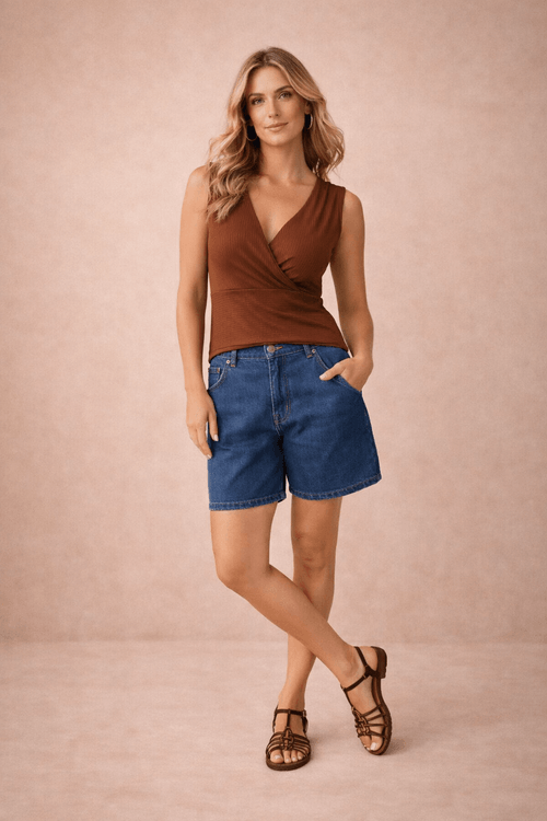 Vista frontal de uma blusa feminina transpassada chocolate, sem mangas e com franzido nos ombros, combinada com shorts jeans azuis.