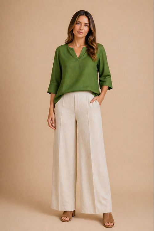 Blusa feminina verde com decote canoa e mangas 3/4, combinada com calça bege ampla, vista frontal.